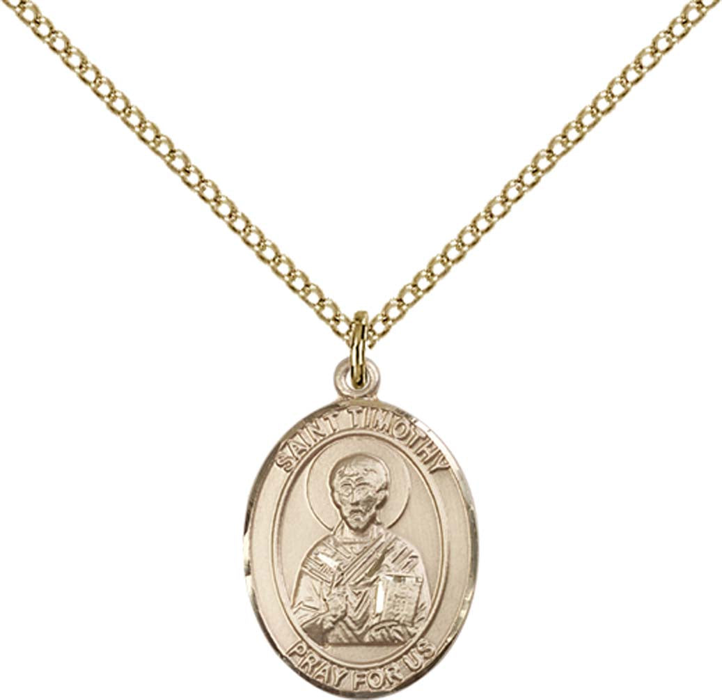 14kt Gold Filled St. Timothy Pendant with 18 inch Gold Filled Light Curb Chain - Medium