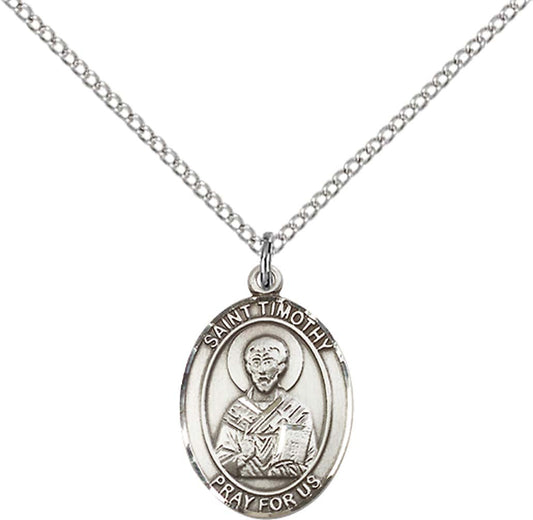 Sterling Silver St. Timothy Pendant with 18 inch Sterling Silver Light Curb Chain - Medium