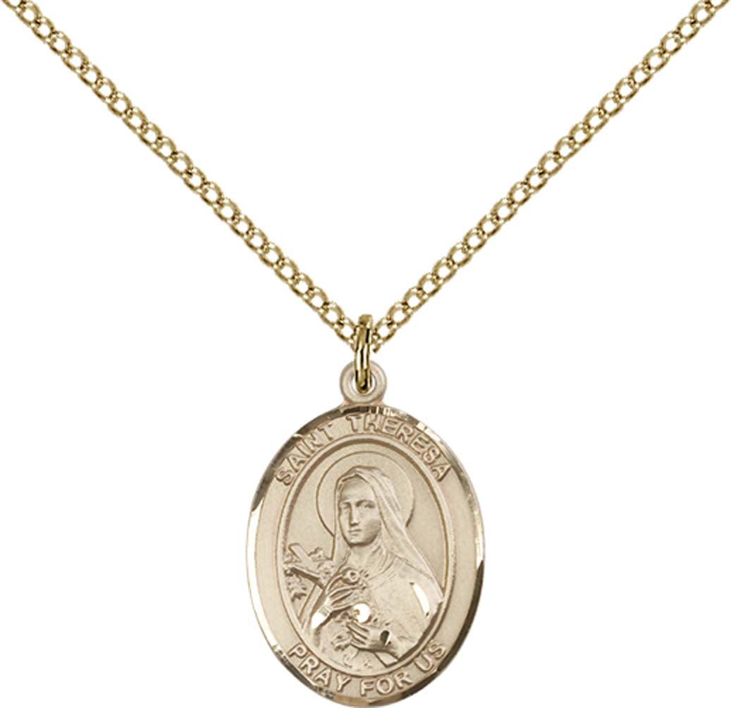 14kt Gold Filled St. Theresa Pendant with 18 inch Gold Filled Light Curb Chain - Medium