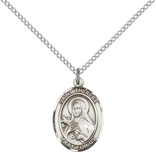 Sterling Silver St. Theresa Pendant with 18 inch Sterling Silver Light Curb Chain - Medium
