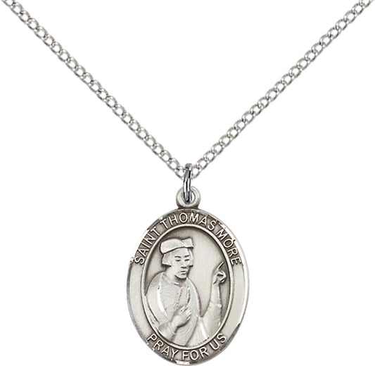Sterling Silver St. Thomas More Pendant with 18 inch Sterling Silver Light Curb Chain - Medium