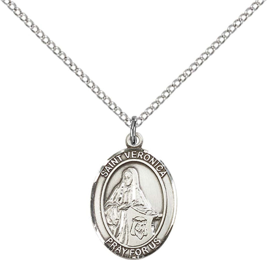 Sterling Silver St. Veronica Pendant with 18 inch Sterling Silver Light Curb Chain - Medium