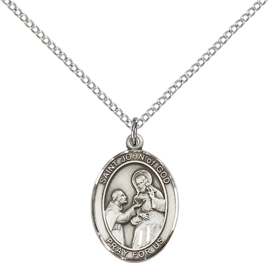Sterling Silver St. John of God Pendant with 18 inch Sterling Silver Light Curb Chain