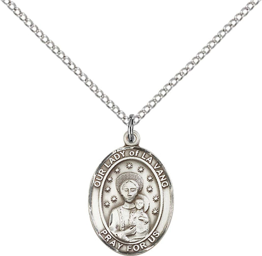 Sterling Silver O/L of La Vang Pendant with 18 inch Sterling Silver Light Curb Chain - Medium