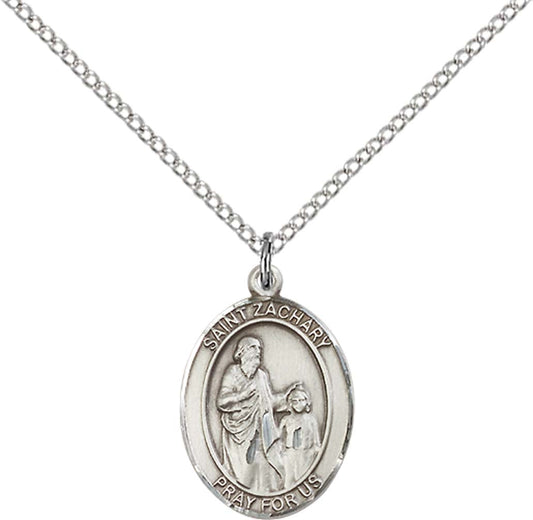 Sterling Silver St. Zachary Pendant with 18 inch Sterling Silver Light Curb Chain - Medium