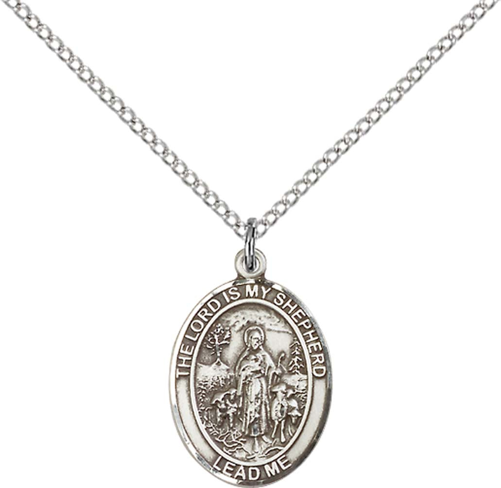 Sterling Silver Lord Is My Shepherd Pendant with 18 inch Sterling Silver Light Curb Chain - Medium