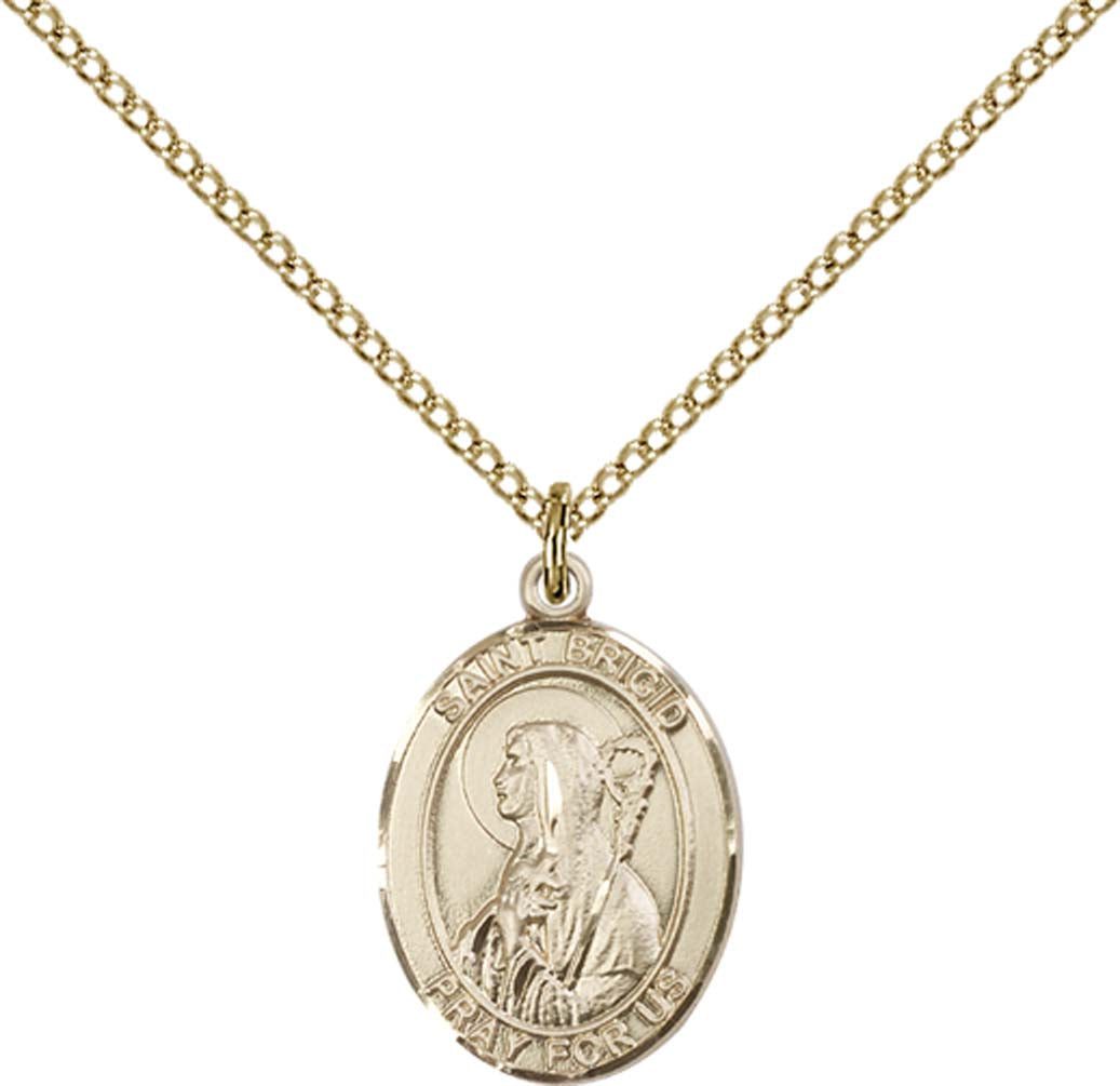 14kt Gold Filled St. Brigid of Ireland Pendant with 18 inch Gold Filled Light Curb Chain - Medium
