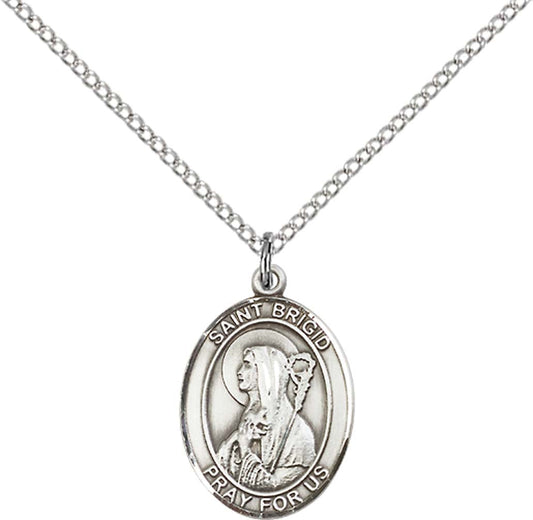 Sterling Silver St. Brigid of Ireland Pendant with 18 inch Sterling Silver Light Curb Chain - Medium