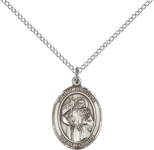 Sterling Silver St. Ursula Pendant with 18 inch Sterling Silver Light Curb Chain