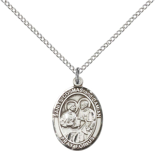 Sterling Silver Sts. Cosmas & Damian Pendant with 18 inch Sterling Silver Light Curb Chain
