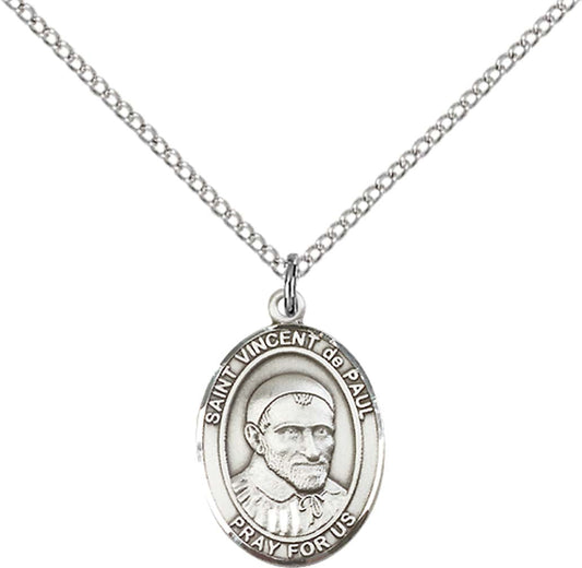Sterling Silver St. Vincent De Paul Pendant with 18 inch Sterling Silver Light Curb Chain