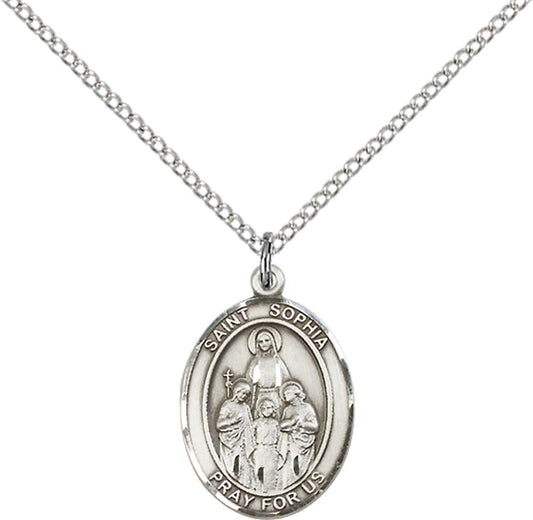Sterling Silver St. Sophia Pendant with 18 inch Sterling Silver Light Curb Chain - Medium