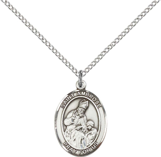 Sterling Silver St. Ambrose Pendant with 18 inch Sterling Silver Light Curb Chain