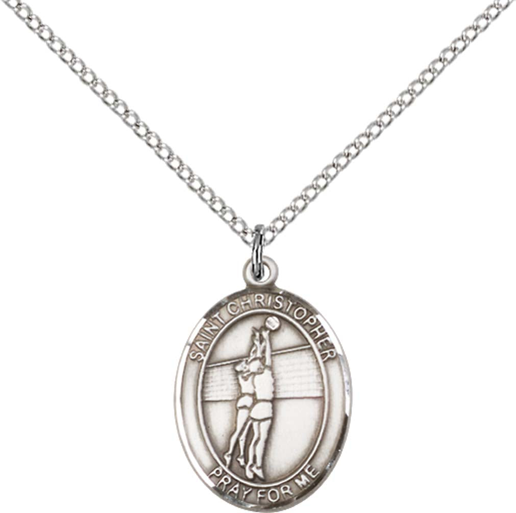 Sterling Silver St. Christopher/Volleyball Pendant with 18 inch Sterling Silver Light Curb Chain