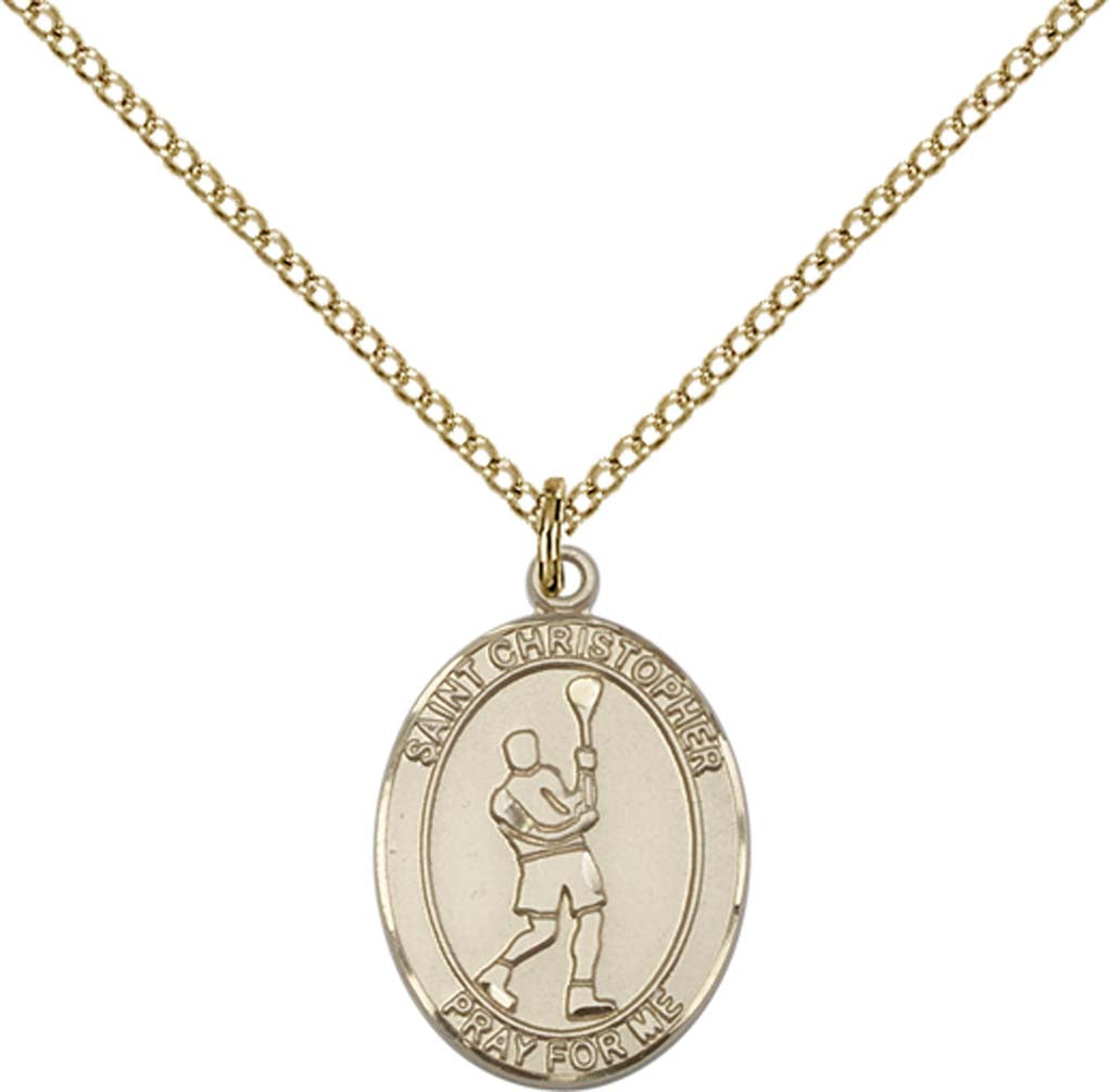 14kt Gold Filled St. Christopher/Lacrosse Pendant with 18 inch Gold Filled Light Curb Chain