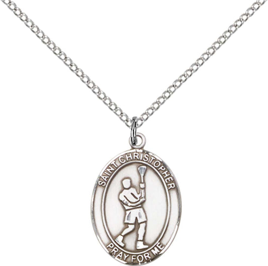 Sterling Silver St. Christopher/Lacrosse Pendant with 18 inch Sterling Silver Light Curb Chain