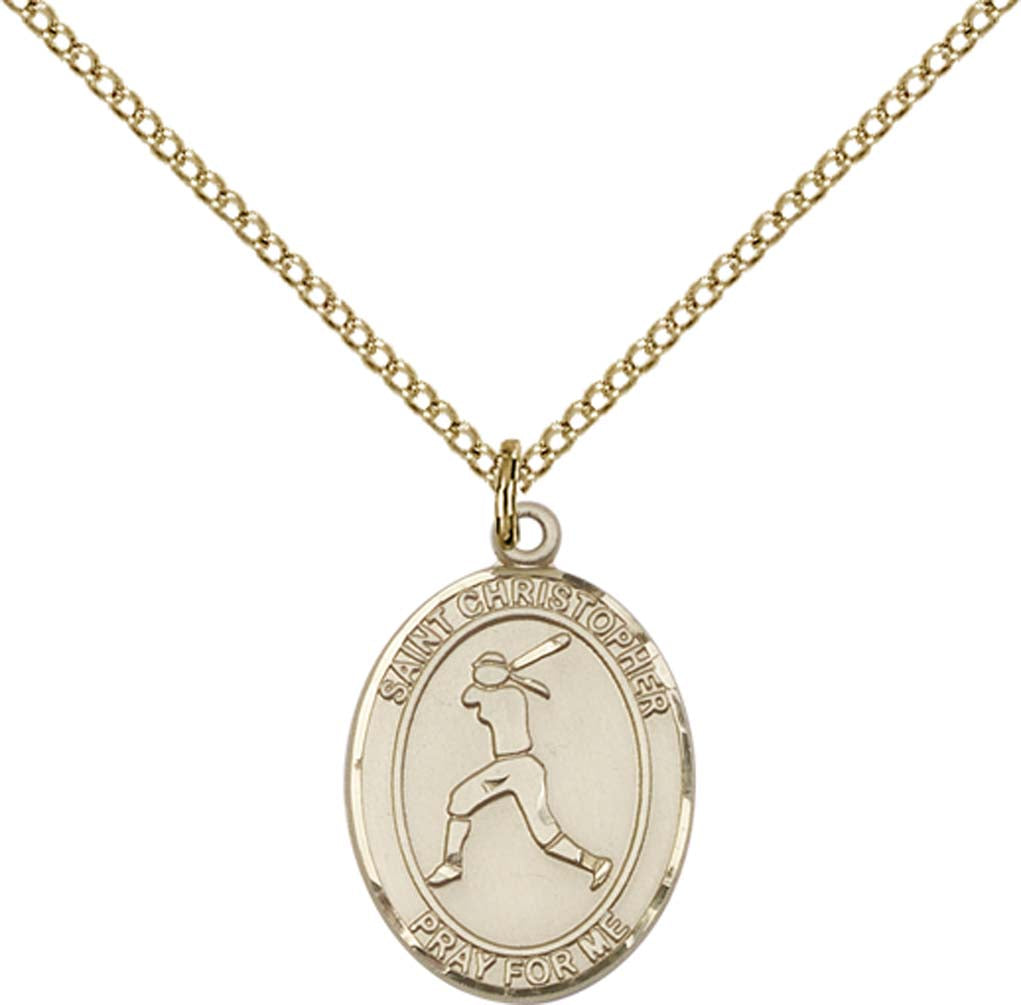 14kt Gold Filled St. Christopher/Softball Pendant with 18 inch Gold Filled Light Curb Chain - Medium