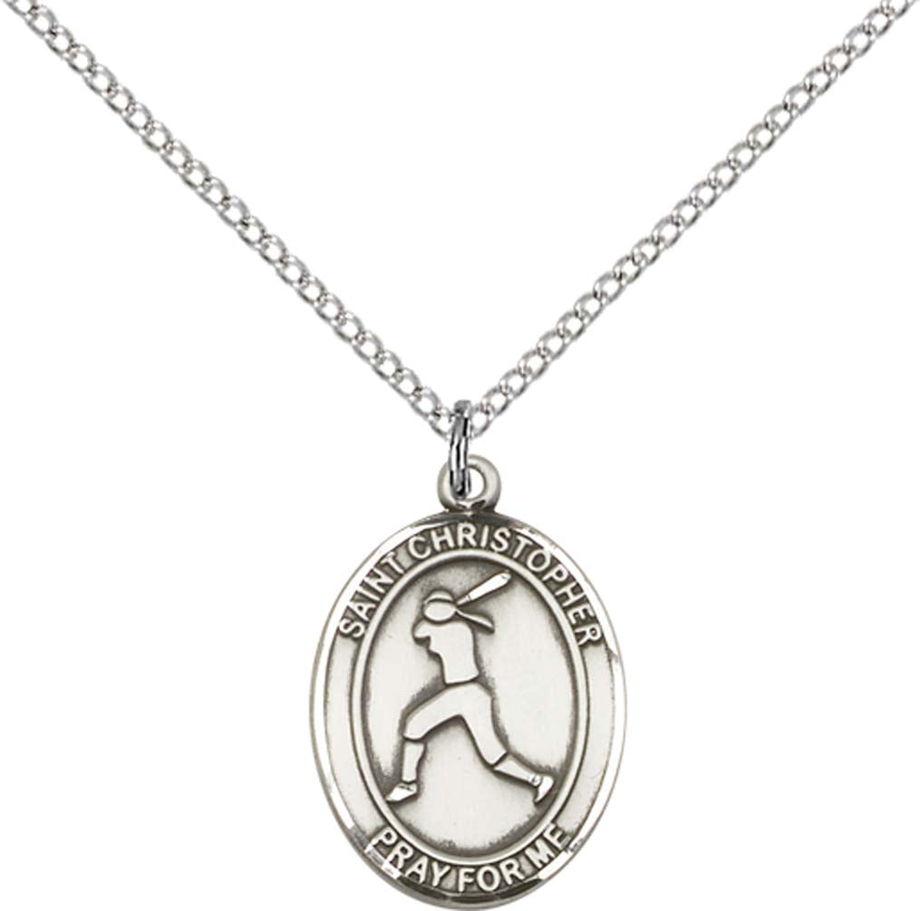 Sterling Silver St. Christopher/Softball Pendant with 18 inch Sterling Silver Light Curb Chain - Medium