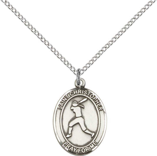 Sterling Silver St. Christopher/Softball Pendant with 18 inch Sterling Silver Light Curb Chain - Medium