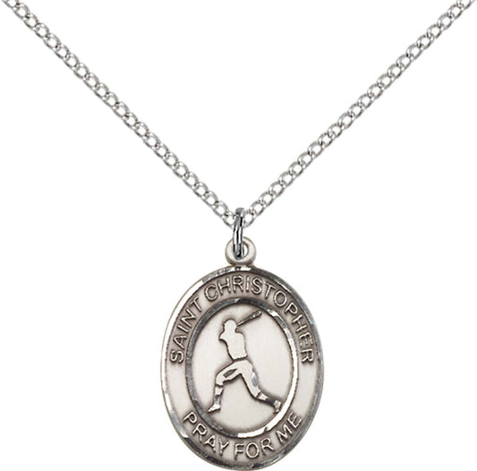 Sterling Silver St. Christopher/Baseball Pendant with 18 inch Sterling Silver Light Curb Chain