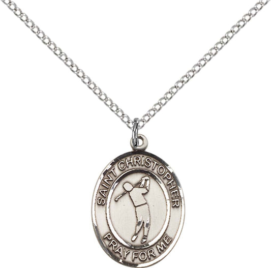 Sterling Silver St. Christopher/Golf Pendant with 18 inch Sterling Silver Light Curb Chain - Medium