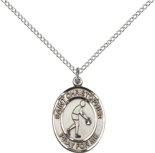Sterling Silver St. Christopher/Basketball Pendant with 18 inch Sterling Silver Light Curb Chain - Medium