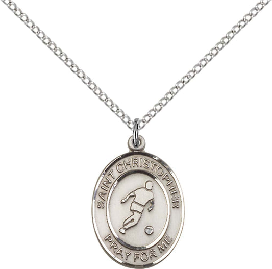 Sterling Silver St. Christopher/Soccer Pendant with 18 inch Sterling Silver Light Curb Chain - Medium