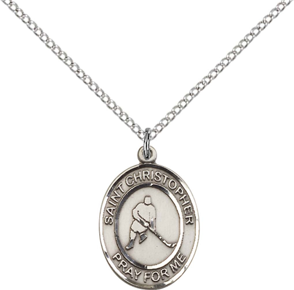 Sterling Silver St. Christopher/Ice Hockey Pendant with 18 inch Sterling Silver Light Curb Chain