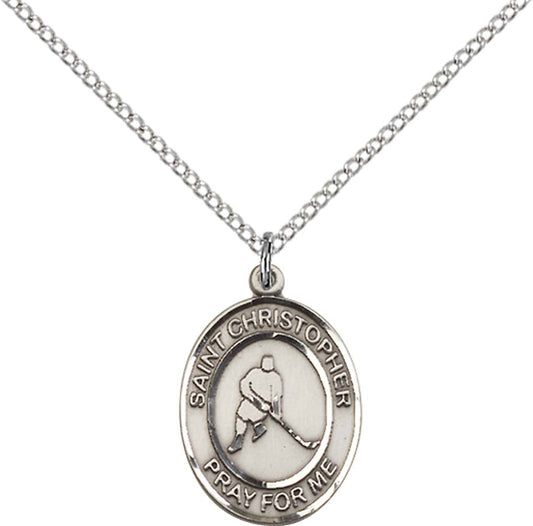 Sterling Silver St. Christopher/Ice Hockey Pendant with 18 inch Sterling Silver Light Curb Chain