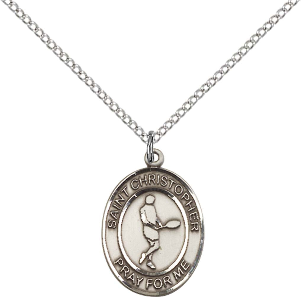 Sterling Silver St. Christopher/Tennis Pendant with 18 inch Sterling Silver Light Curb Chain - Medium