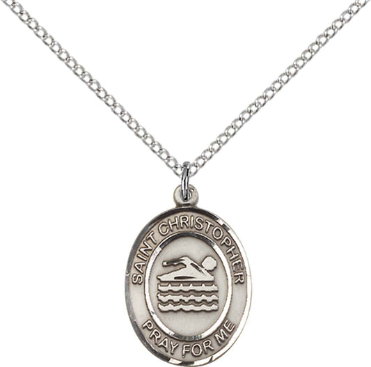 Sterling Silver St. Christopher/Swimming Pendant with 18 inch Sterling Silver Light Curb Chain