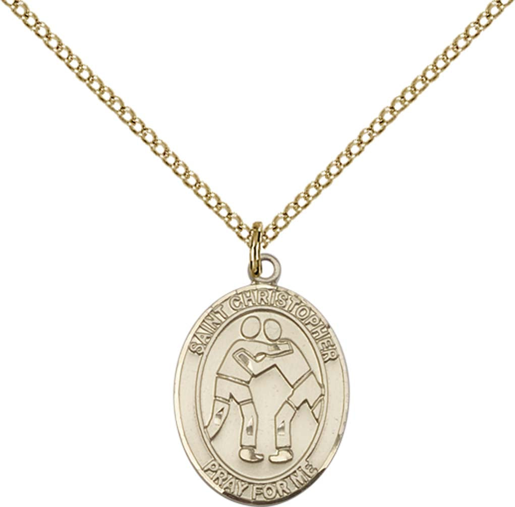 14kt Gold Filled St. Christopher/Wrestling Pendant with 18 inch Gold Filled Light Curb Chain - Medium