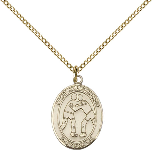 14kt Gold Filled St. Christopher/Wrestling Pendant with 18 inch Gold Filled Light Curb Chain - Medium