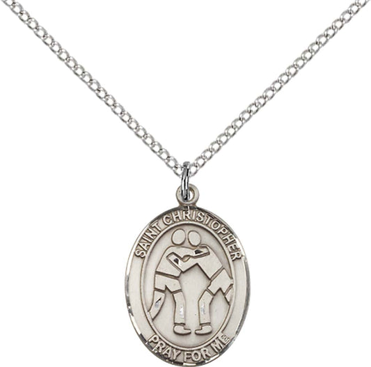Sterling Silver St. Christopher/Wrestling Pendant with 18 inch Sterling Silver Light Curb Chain - Medium