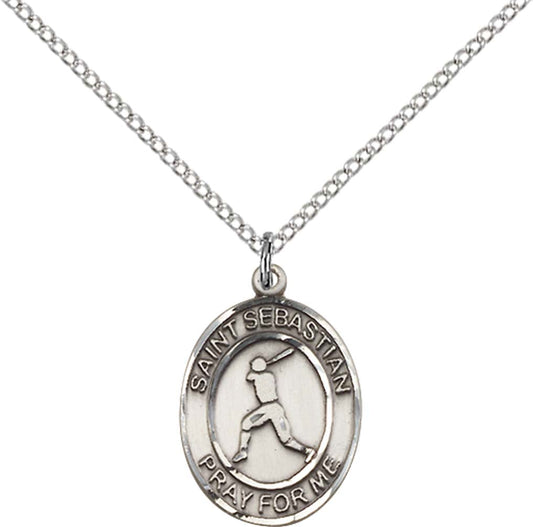 Sterling Silver St. Sebastian/Baseball Pendant with 18 inch Sterling Silver Light Curb Chain