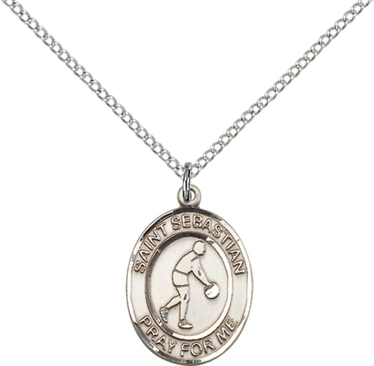 Sterling Silver St. Sebastian/Basketball Pendant with 18 inch Sterling Silver Light Curb Chain