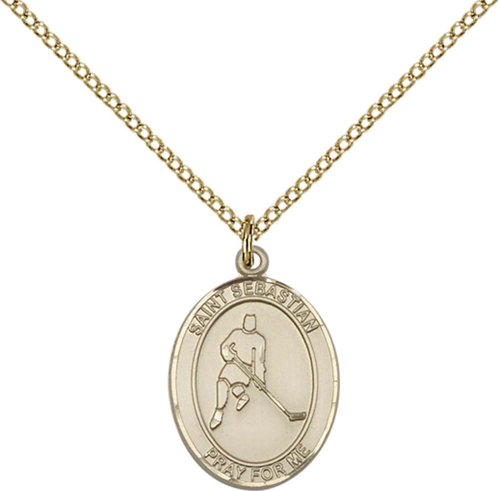 14kt Gold Filled St. Sebastian/Ice Hockey Pendant with 18 inch Gold Filled Light Curb Chain