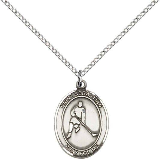 Sterling Silver St. Sebastian/Ice Hockey Pendant with 18 inch Sterling Silver Light Curb Chain