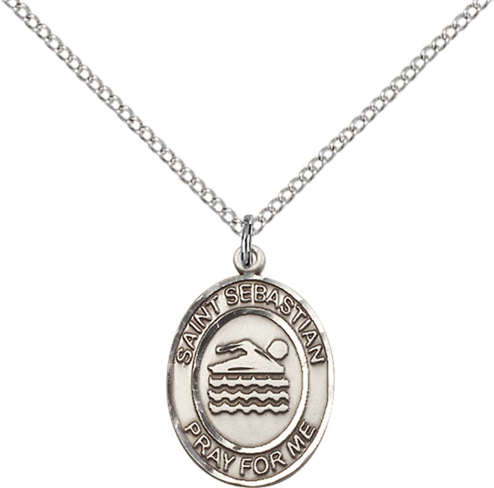 Sterling Silver St. Sebastian/Swimming Pendant with 18 inch Sterling Silver Light Curb Chain