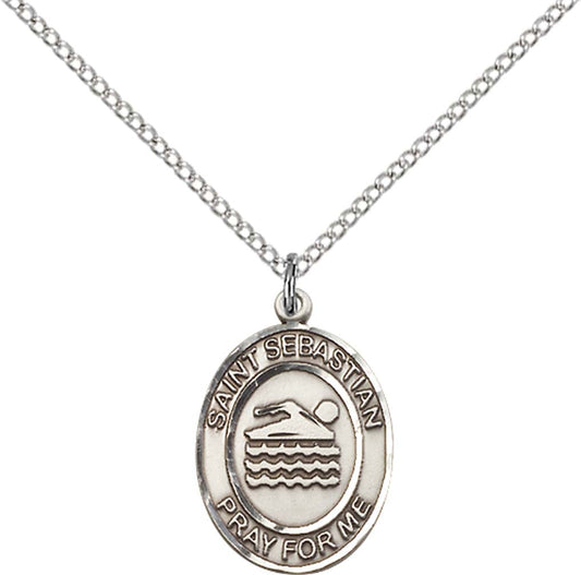 Sterling Silver St. Sebastian/Swimming Pendant with 18 inch Sterling Silver Light Curb Chain