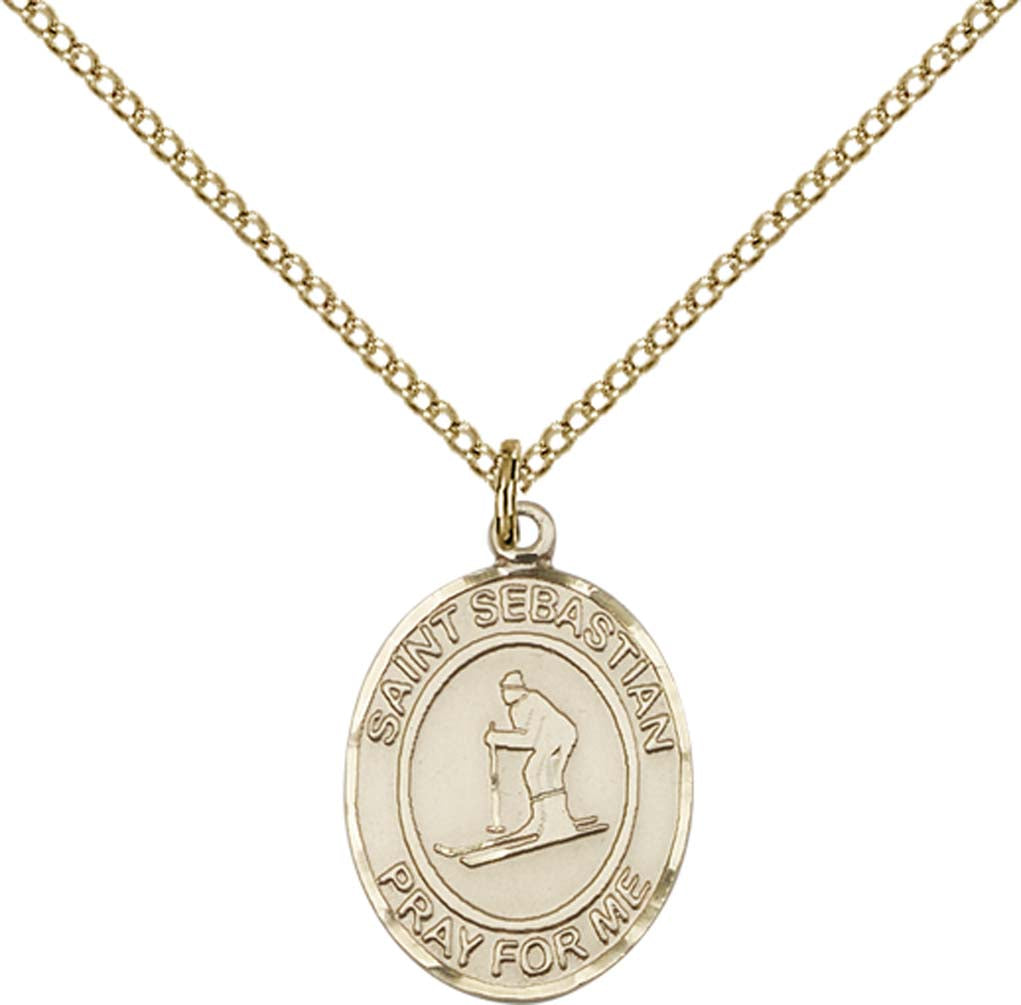 14kt Gold Filled St. Sebastian/Skiing Pendant with 18 inch Gold Filled Light Curb Chain
