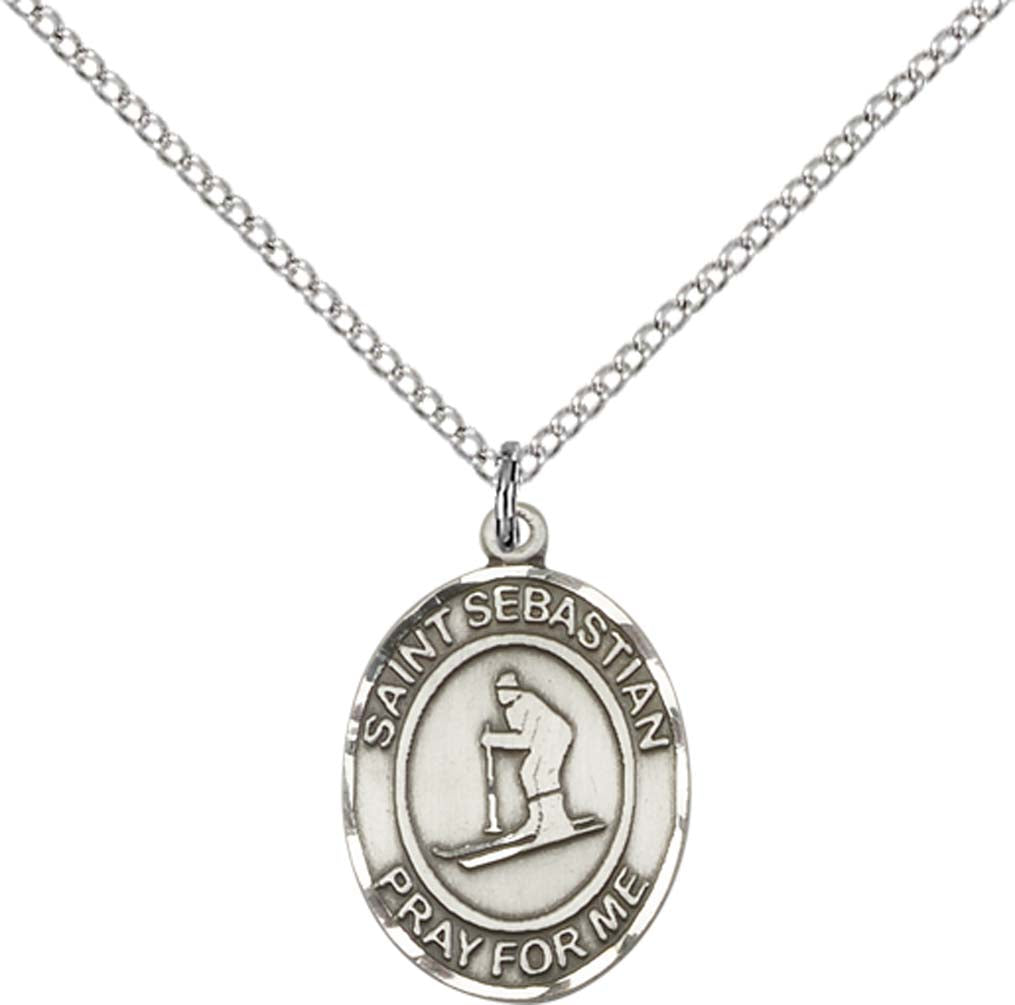 Sterling Silver St. Sebastian/Skiing Pendant with 18 inch Sterling Silver Light Curb Chain