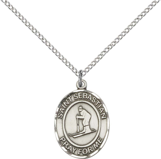 Sterling Silver St. Sebastian/Skiing Pendant with 18 inch Sterling Silver Light Curb Chain