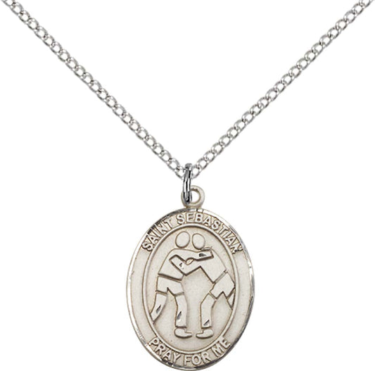 Sterling Silver St. Sebastian/Wrestling Pendant with 18 inch Sterling Silver Light Curb Chain