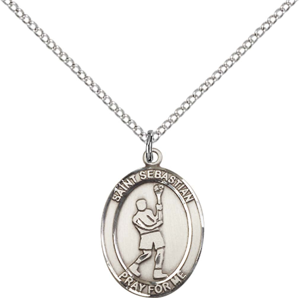 Sterling Silver St. Sebastian/Lacrosse Pendant with 18 inch Sterling Silver Light Curb Chain