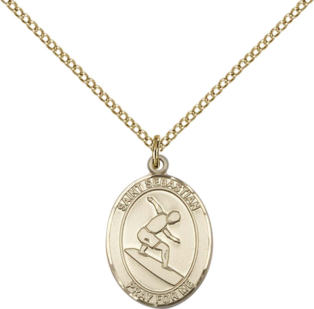 14kt Gold Filled St. Sebastian/Surfing Pendant with 18 inch Gold Filled Light Curb Chain