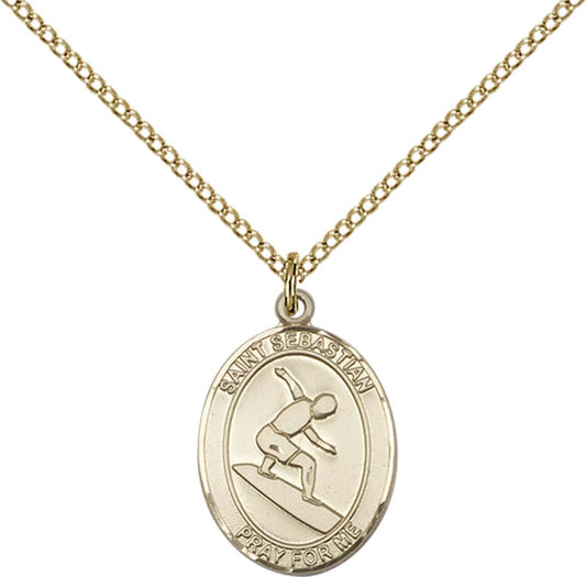 14kt Gold Filled St. Sebastian/Surfing Pendant with 18 inch Gold Filled Light Curb Chain