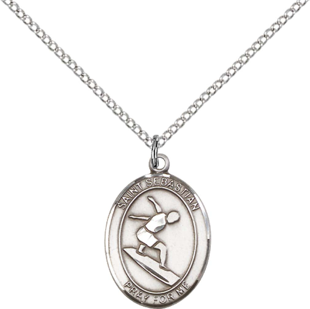 Sterling Silver St. Sebastian/Surfing Pendant with 18 inch Sterling Silver Light Curb Chain