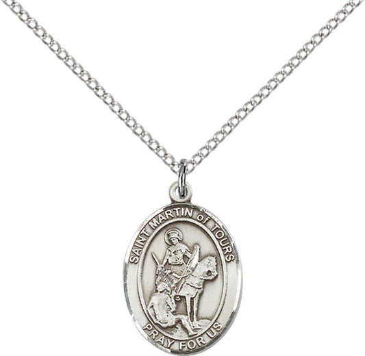 Sterling Silver St. Martin of Tours Pendant with 18 inch Sterling Silver Light Curb Chain - Medium