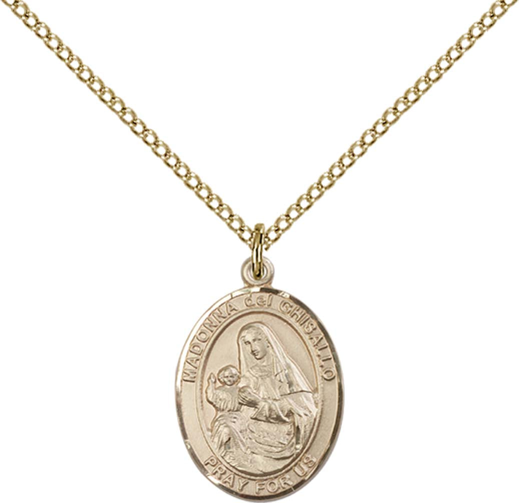 14kt Gold Filled St. Madonna Del Ghisallo Pendant with 18 inch Gold Filled Light Curb Chain - Medium